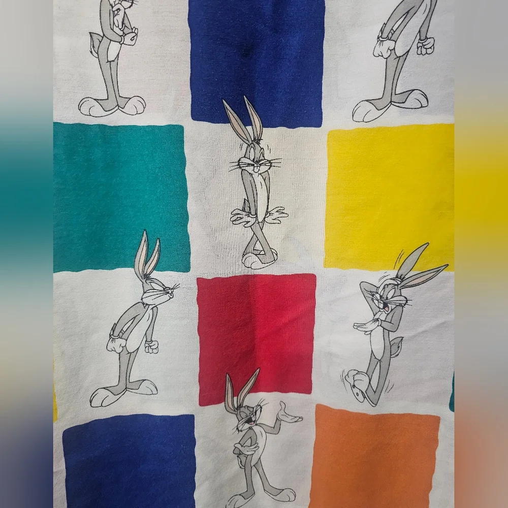 Vintage 1997 Bugs Bunny Twin Flat Sheet Warner Bros Color Block Looney Tunes Bed